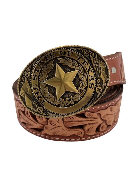 Unbranded Other - Size 66 Mens Belt Lone Star Buckle on Tooled Leather Belt Nubuck Floral